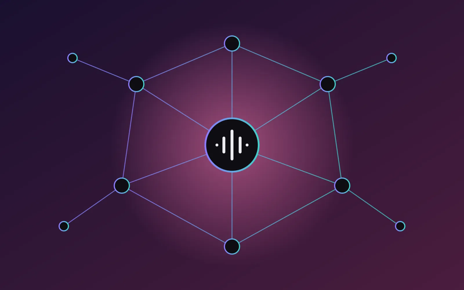Abstract network of glowing nodes around a central voice waveform.