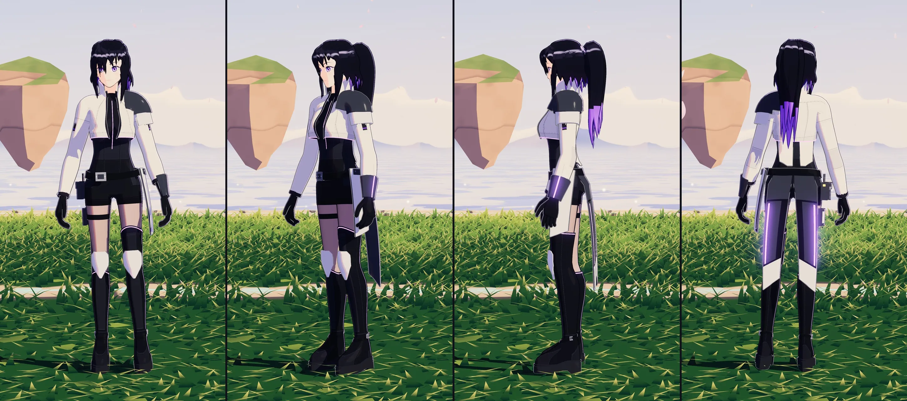 Turnaround of Vesper, a black-haired swordswoman in a white cropped jacket, seen from front, three-quarter, side and back.