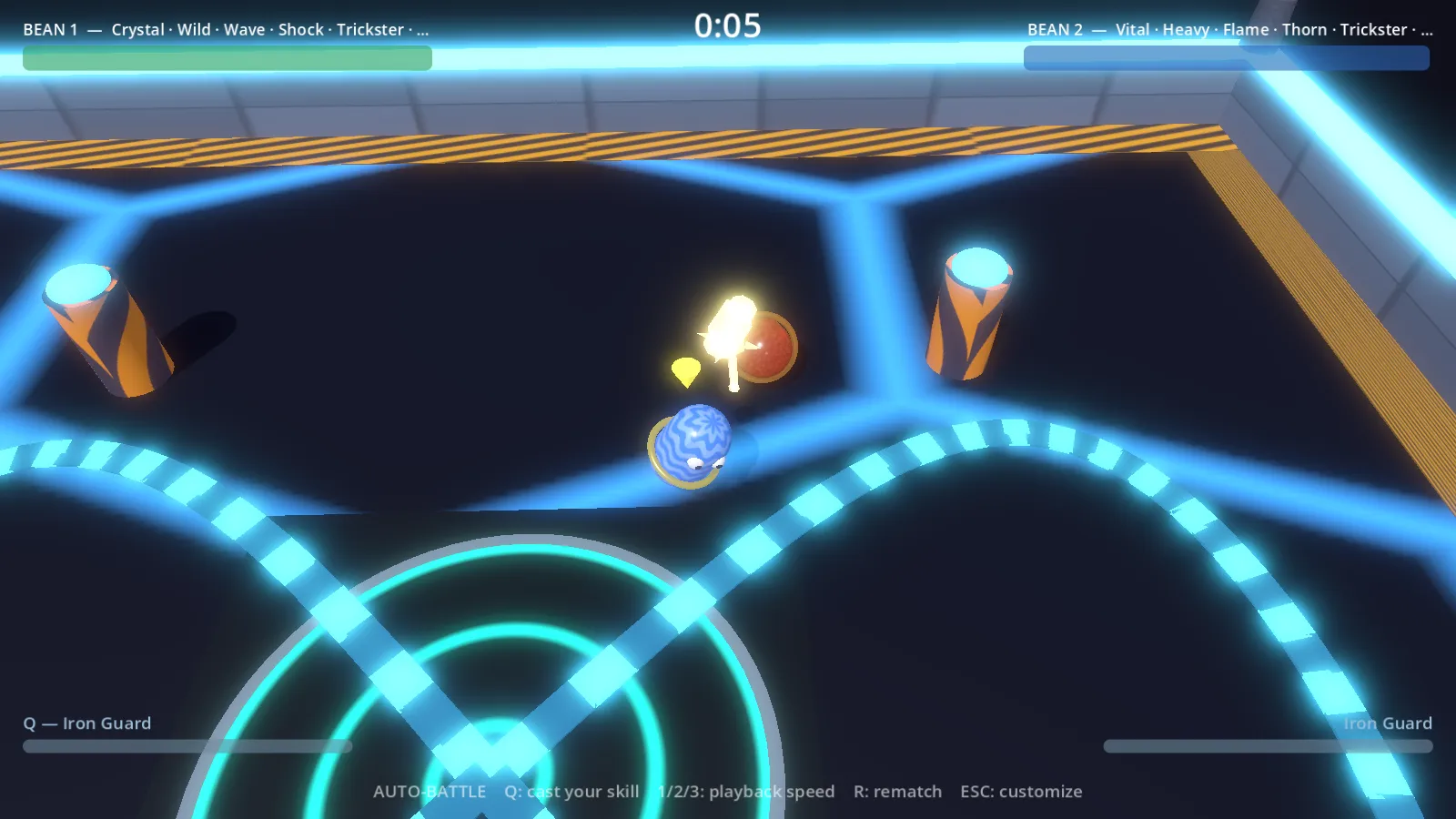 Two beans clashing in a neon hex-tiled stadium, with a glowing rail looping across the floor.